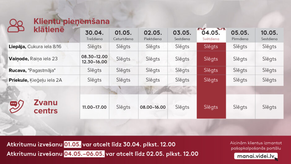 Maija brīvdienu darba laika afiša
